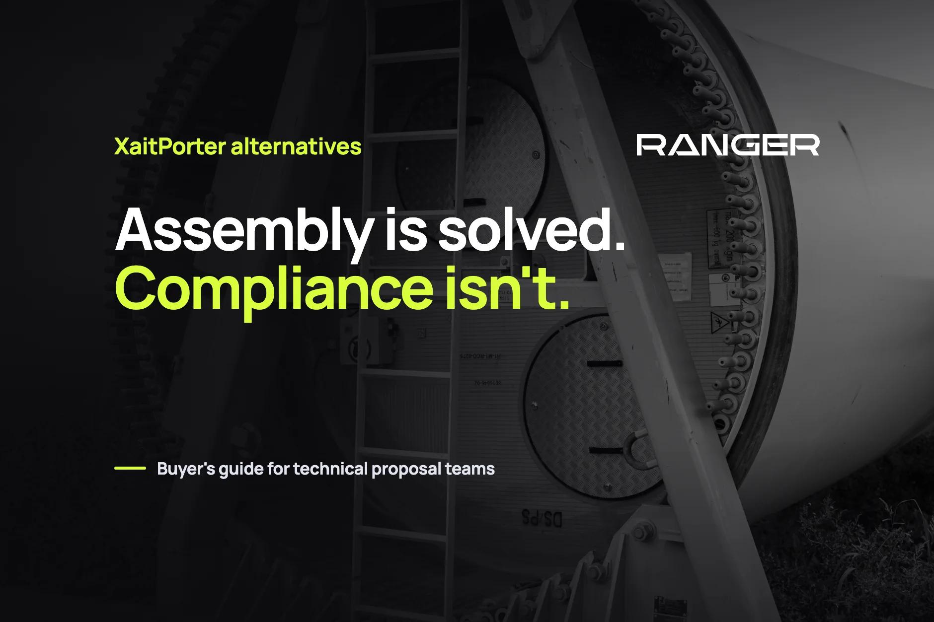 The bolted root end of a wind turbine blade section with an access ladder, set in grayscale behind the headline: assembly is solved, compliance isn't